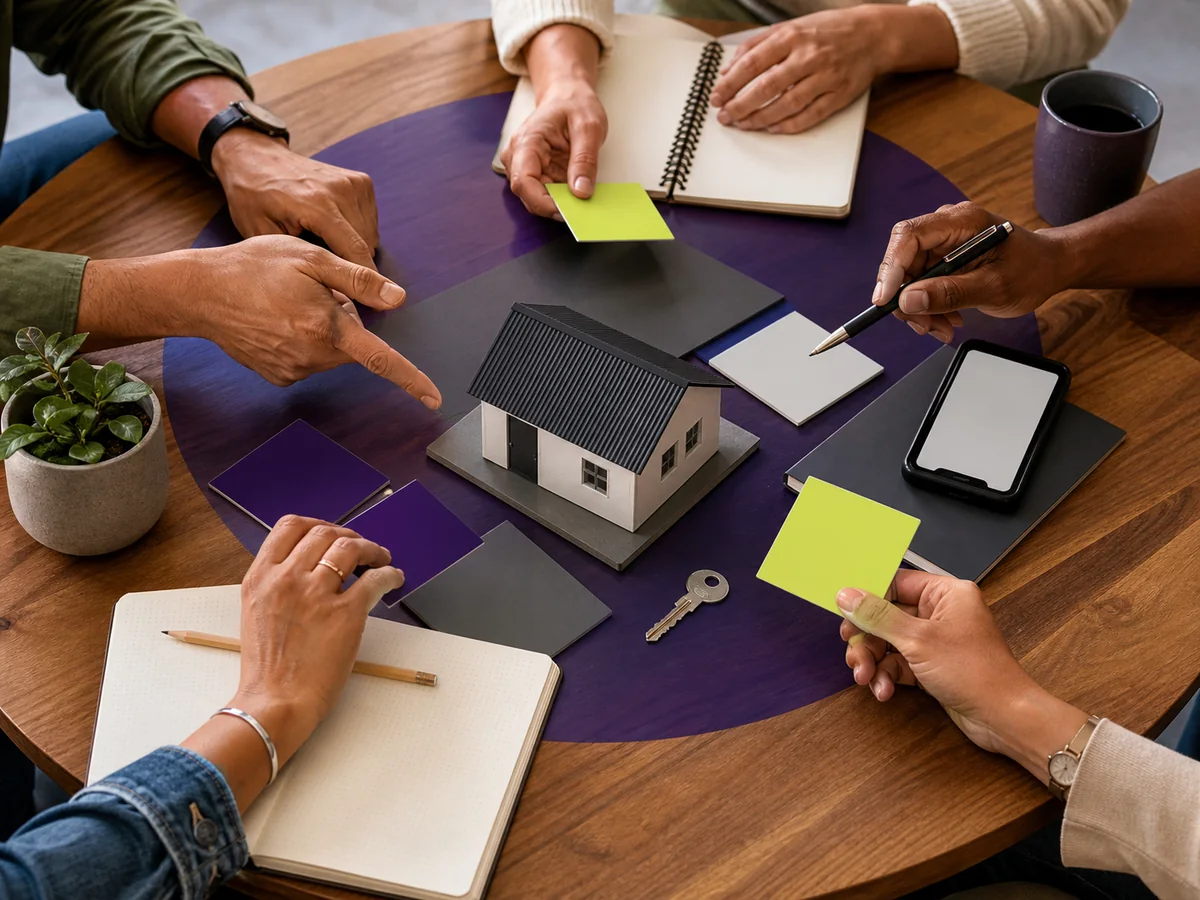 Comunidad compartiendo conocimiento alrededor de una vivienda