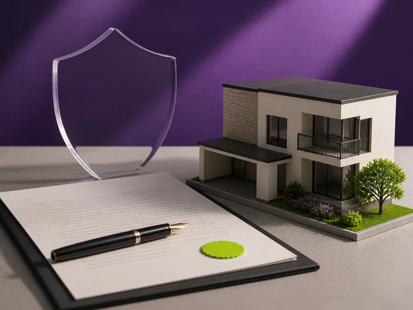 Modelo de vivienda junto a una póliza y un escudo de protección
